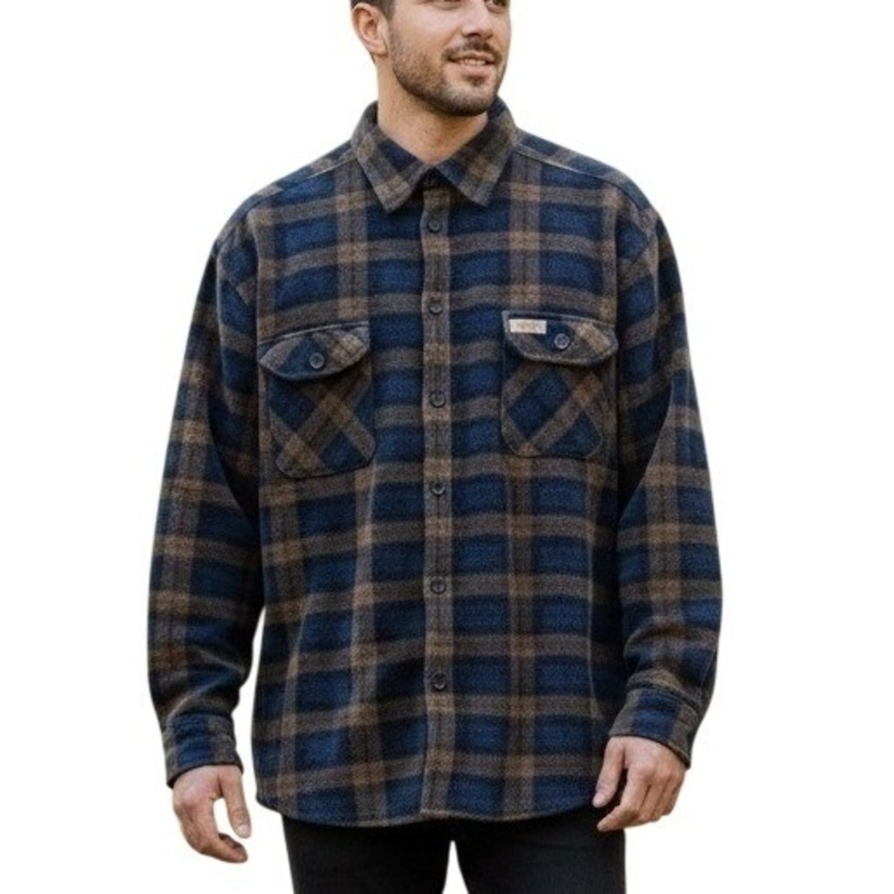 Shirt Jacket Mens XXL Blue Brown Plaid Fleece‎ Shacket 10,000 ft Above Sea Level